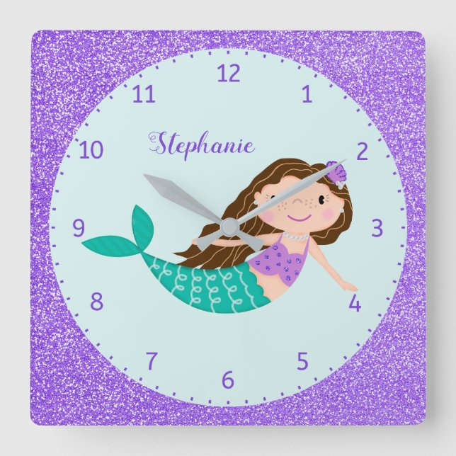 Cute Mermaid Purple Glitter Personalised Square Wall Clock (Front)