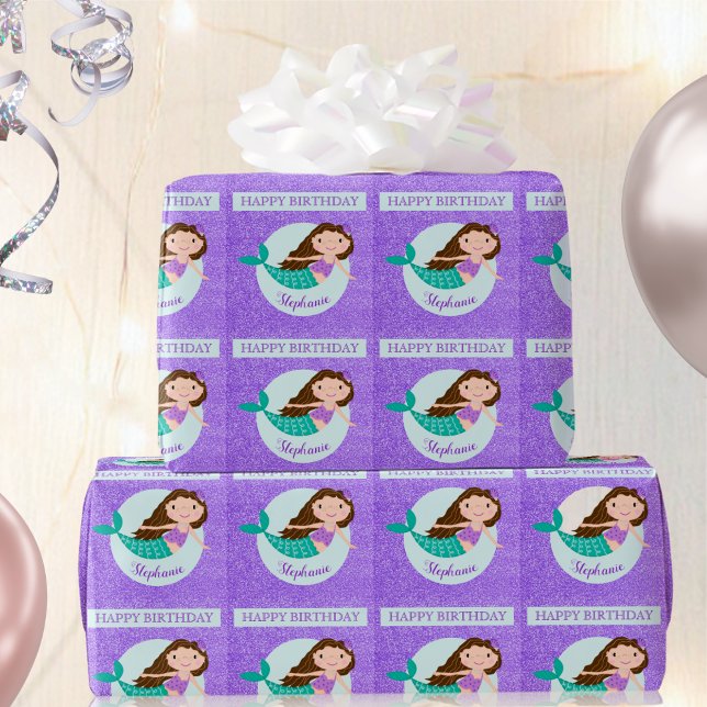 Cute Mermaid Purple Glitter Personalized Birthday Wrapping Paper (Creator Uploaded)