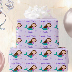 Cute Mermaid Purple Personalised Birthday Wrapping Paper