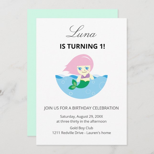 Cute Mermaid Queen Under the sea 1st Birthday  Invitation (Front/Back)