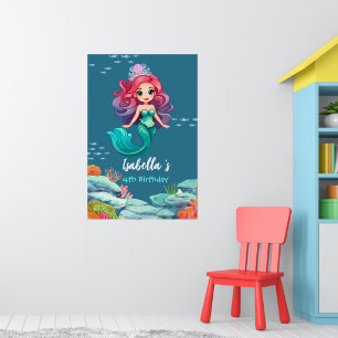 Cute Mermaid Rainbow colourful crown Birthday part Poster