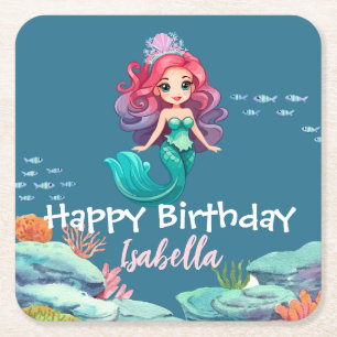 Cute Mermaid Rainbow colourful crown Birthday part Square Paper Coaster