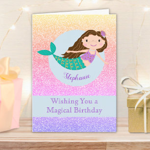 Cute Mermaid Rainbow Glitter Personalised Card