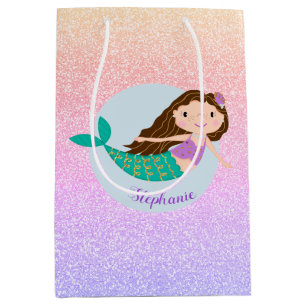 Cute Mermaid Rainbow Glitter Personalised Medium Gift Bag