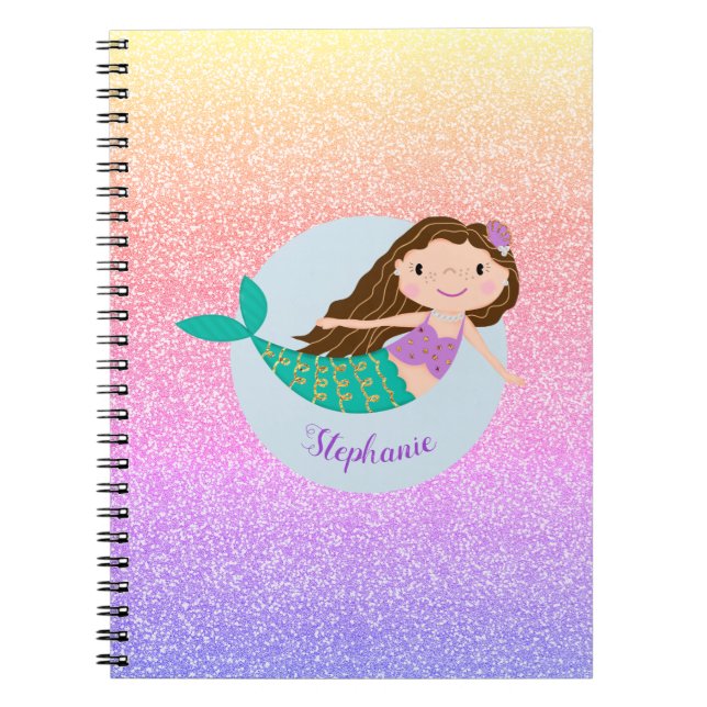 Cute Mermaid Rainbow Glitter Personalised Notebook (Front)