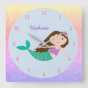 Cute Mermaid Rainbow Glitter Personalised Square Wall Clock