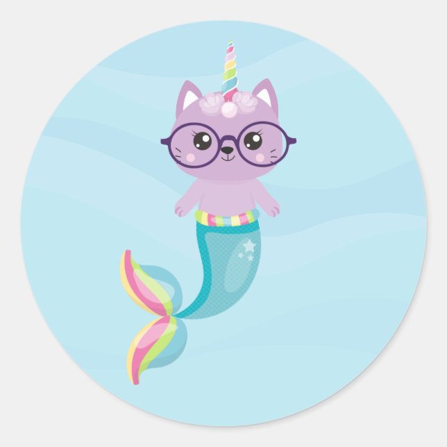 Cute Mermaid Rainbow Unicorn Purple Cat Classic Round Sticker (Front)