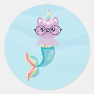 Cute Mermaid Rainbow Unicorn Purple Cat Classic Round Sticker