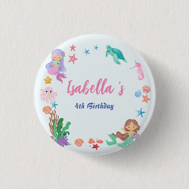 Cute Mermaid Rainbow Watercolor Birthday party  3 Cm Round Badge (Front)