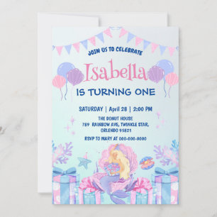 Cute Mermaid Rainbow Watercolor Birthday party  Invitation