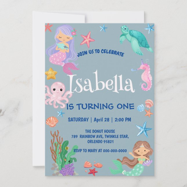 Cute Mermaid Rainbow Watercolor Birthday party  Invitation (Front)
