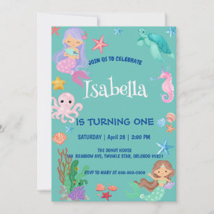 Cute Mermaid Rainbow Watercolor Birthday party  Invitation