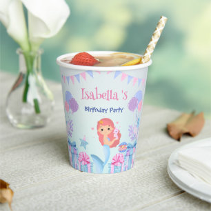 Cute Mermaid Rainbow Watercolor Birthday party Paper Cups