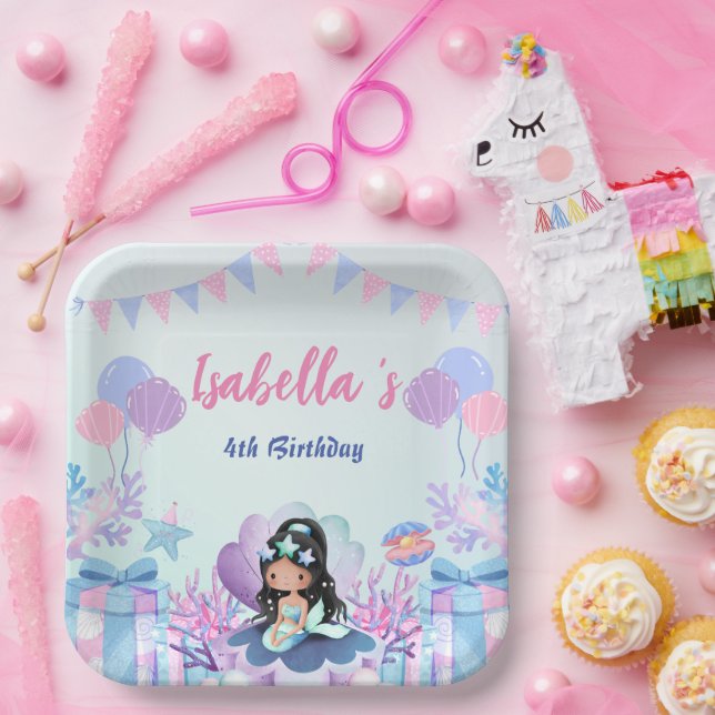 Cute Mermaid Rainbow Watercolor Birthday party  Paper Plate (Party)