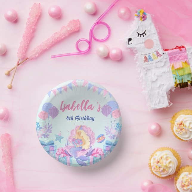 Cute Mermaid Rainbow Watercolor Birthday party  Paper Plate (Party)