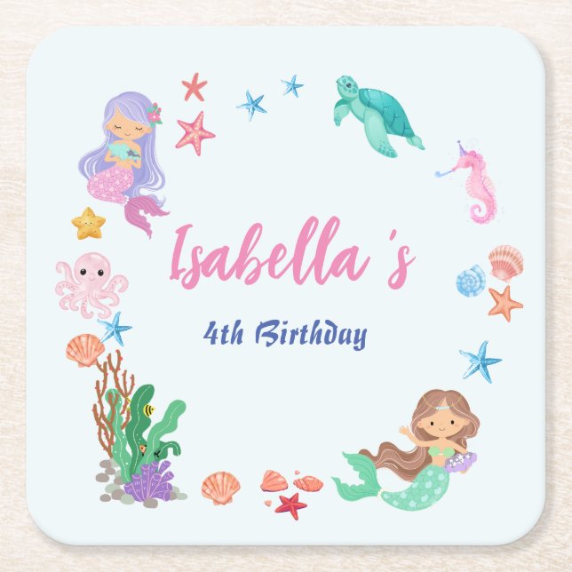 Cute Mermaid Rainbow Watercolor Birthday party  Square Paper Coaster (Front)
