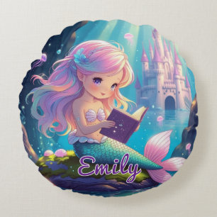 Cute Mermaid Reading Round Pillow