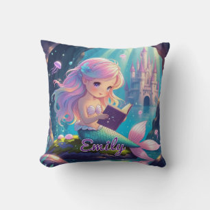 Cute Mermaid Reading Square Pillow