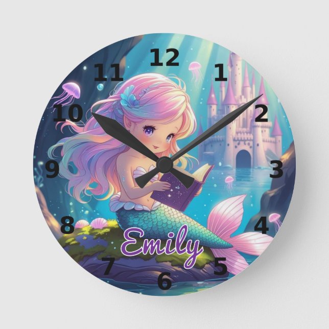 Cute Mermaid Reading Wall Clock (Front)