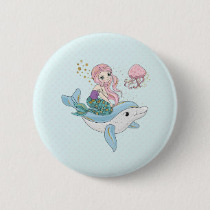 Cute Mermaid Riding a Dolphin Under the Sea 6 Cm Round Badge