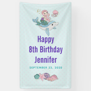 Cute Mermaid Riding a Dolphin Under the Sea Banner