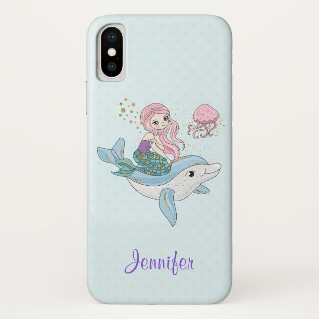 Cute Mermaid Riding a Dolphin Under the Sea Case-Mate iPhone Case (Back)