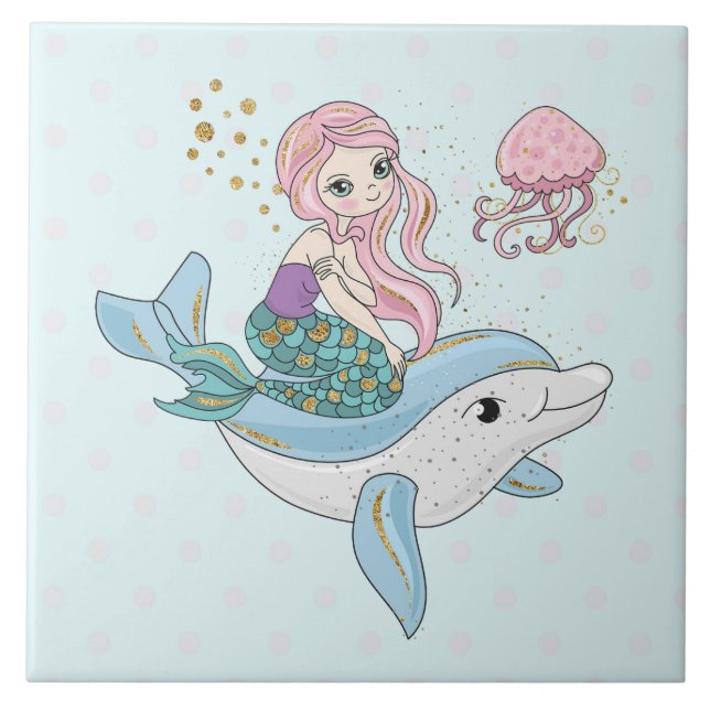 Cute Mermaid Riding a Dolphin Under the Sea Ceramic Tile (Front)