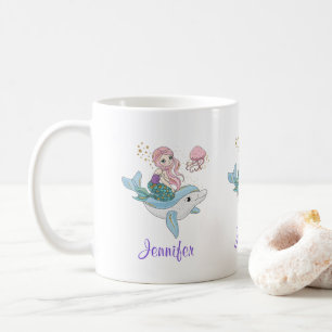 Cute Mermaid Riding a Dolphin Under the Sea Coffee Mug
