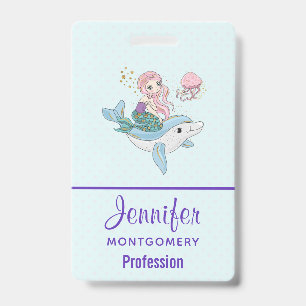 Cute Mermaid Riding a Dolphin Under the Sea ID Badge