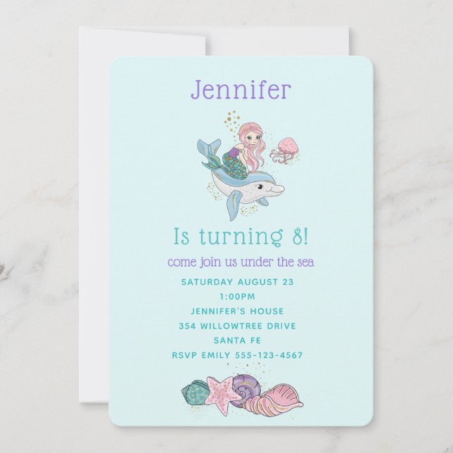 Cute Mermaid Riding a Dolphin Under the Sea Invitation (Front)