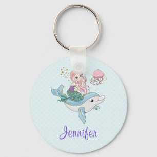 Cute Mermaid Riding a Dolphin Under the Sea Key Ring