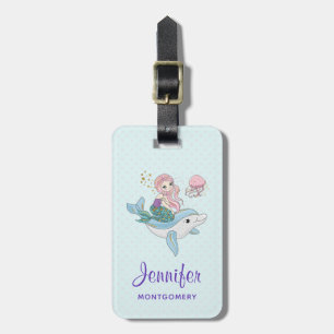 Cute Mermaid Riding a Dolphin Under the Sea Luggage Tag