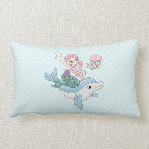 Cute Mermaid Riding a Dolphin Under the Sea Lumbar Cushion