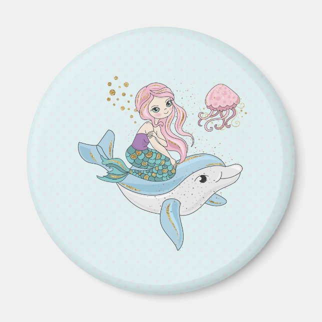 Cute Mermaid Riding a Dolphin Under the Sea Magnet (Front)