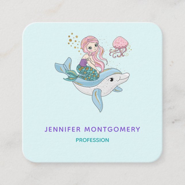 Cute Mermaid Riding a Dolphin Under the Sea Square Business Card (Front)