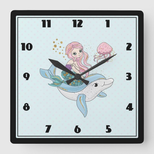 Cute Mermaid Riding a Dolphin Under the Sea Square Wall Clock (Front)