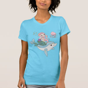 Cute Mermaid Riding a Dolphin Under the Sea T-Shirt