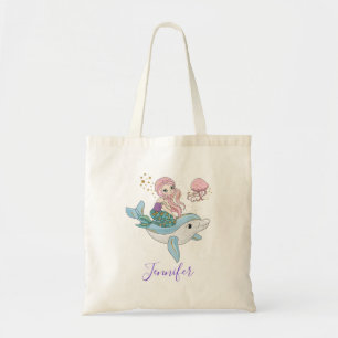 Cute Mermaid Riding a Dolphin Under the Sea Tote Bag