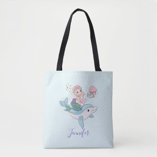 Cute Mermaid Riding a Dolphin Under the Sea Tote Bag (Front)