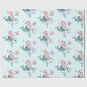 Cute Mermaid Riding a Dolphin Under the Sea Wrapping Paper