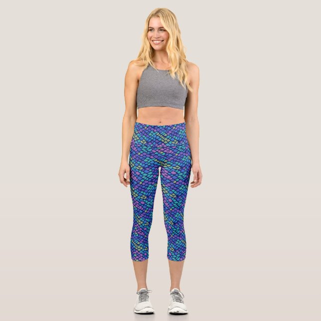 Cute Mermaid Scales Blue Glittery Pattern Capri Leggings (Front)