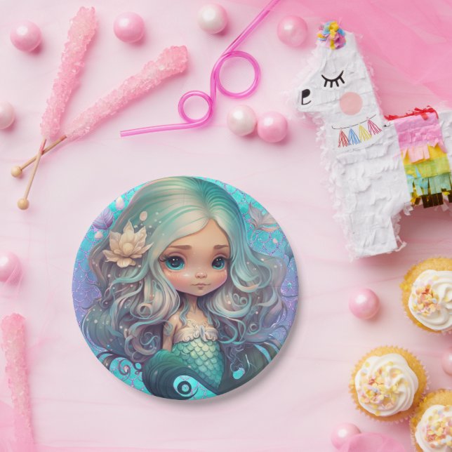 Cute Mermaid Sea Blue Purple Scales Paper Plate (Party)