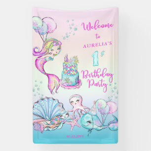 Cute Mermaid Sea Girl's 1st Birthday Party Banner