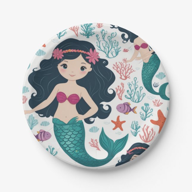 Cute Mermaid & Sea Shell Birthday Paper Plate (Front)
