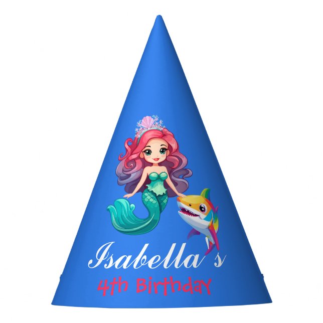 Cute mermaid shark fish rainbow Birthday Kids Party Hat (Front)