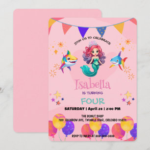 Cute Mermaid shark rainbow colourful birthday part Invitation