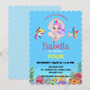 Cute Mermaid shark rainbow colourful birthday part Invitation