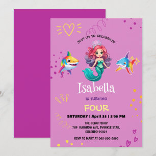 Cute Mermaid shark rainbow colourful birthday part Invitation