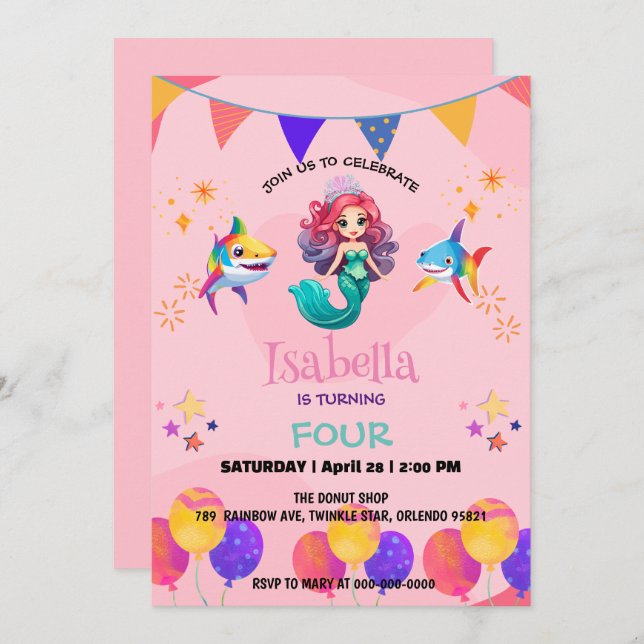 Cute Mermaid shark rainbow colourful birthday part Invitation (Front/Back)