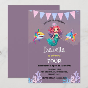 Cute Mermaid shark rainbow colourful birthday part Invitation